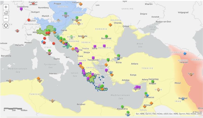 ArcGIS generated map depicting circulatory regimes of Mediterranean diplomatic chancelleries